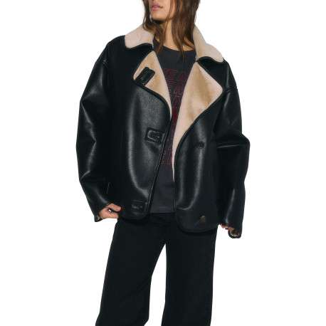 Blouson noir aviateur uni à coupe oversize avec un col à revers - Image 3