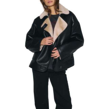 Blouson noir aviateur uni à coupe oversize avec un col à revers - Image 4