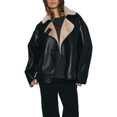 Blouson noir aviateur uni à coupe oversize avec un col à revers - Image 5