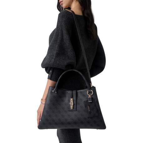 Sac à main porté épaule noir à imprimé monogramme avec une fermeture à pression - Image 7
