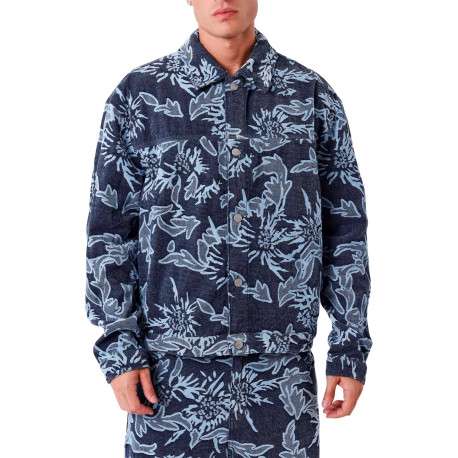 Surchemise bleue ornée de motifs floraux avec des manches longues