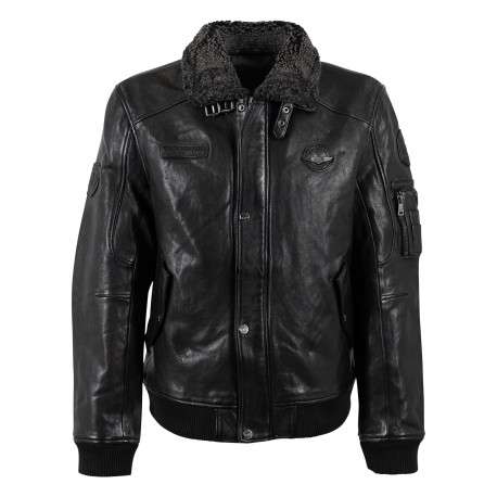 Blouson en cuir de mouton noir uni à coupe droite avec un col sherpa boutonné