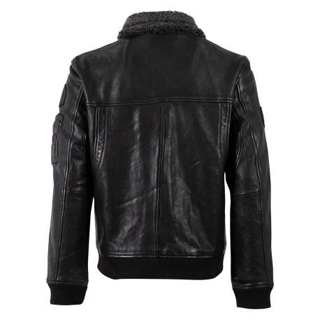 Blouson en cuir de mouton noir uni à coupe droite avec un col sherpa boutonné - Image 2