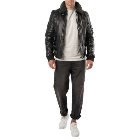 Blouson en cuir de mouton noir uni à coupe droite avec un col sherpa boutonné - Image 3