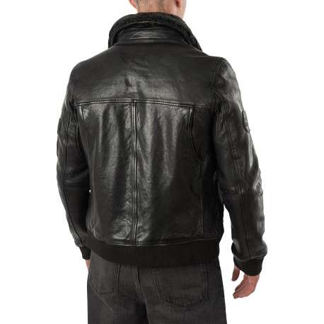 Blouson en cuir de mouton noir uni à coupe droite avec un col sherpa boutonné - Image 6