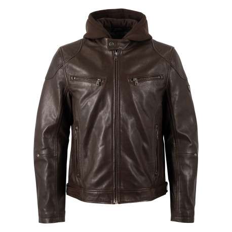 Blouson en cuir de mouton marron uni avec une coupe droite et un col à capuche