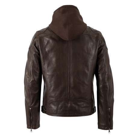 Blouson en cuir de mouton marron uni avec une coupe droite et un col à capuche - Image 2