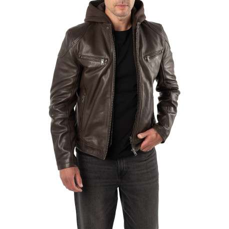 Blouson en cuir de mouton marron uni avec une coupe droite et un col à capuche - Image 3
