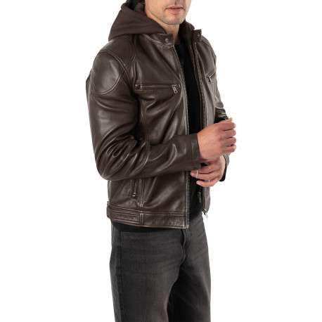 Blouson en cuir de mouton marron uni avec une coupe droite et un col à capuche - Image 4