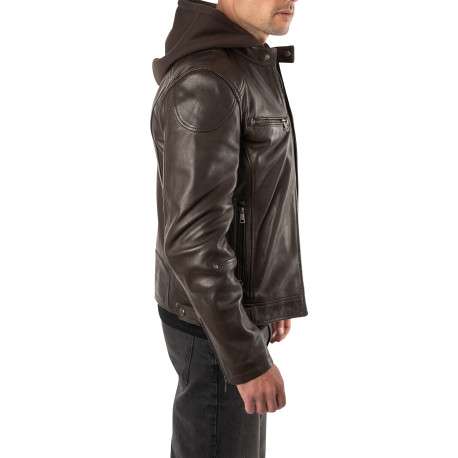 Blouson en cuir de mouton marron uni avec une coupe droite et un col à capuche - Image 5