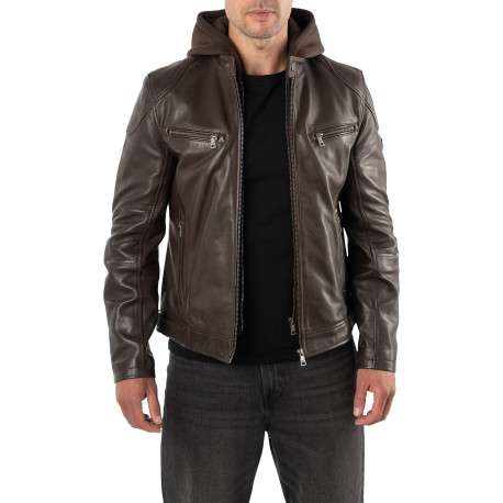Blouson en cuir de mouton marron uni avec une coupe droite et un col à capuche - Image 6
