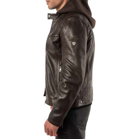 Blouson en cuir de mouton marron uni avec une coupe droite et un col à capuche - Image 7