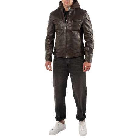 Blouson en cuir de mouton marron uni avec une coupe droite et un col à capuche - Image 8