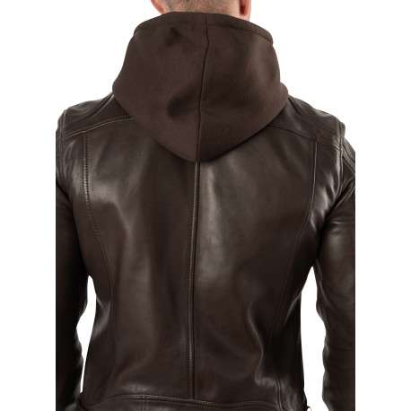 Blouson en cuir de mouton marron uni avec une coupe droite et un col à capuche - Image 9