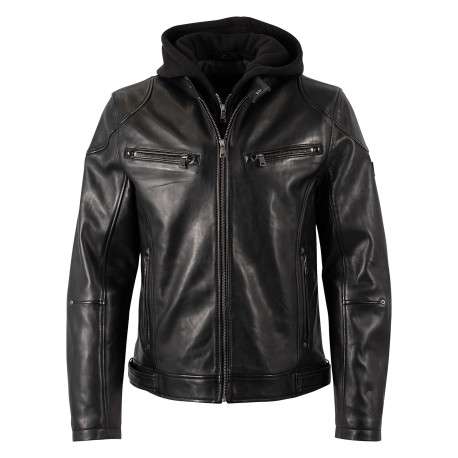 Blouson en cuir de mouton noir uni avec un col à capuche et une coupe droite