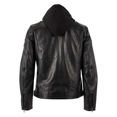Blouson en cuir de mouton noir uni avec un col à capuche et une coupe droite - Image 2