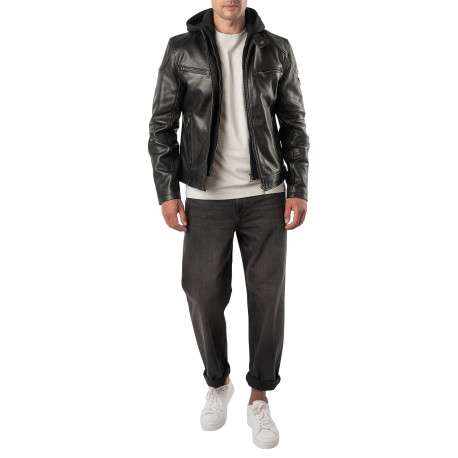 Blouson en cuir de mouton noir uni avec un col à capuche et une coupe droite - Image 3
