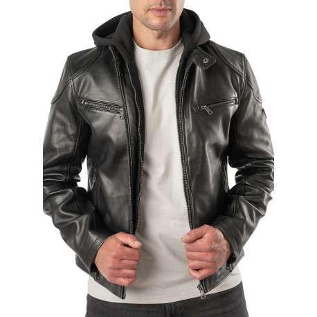 Blouson en cuir de mouton noir uni avec un col à capuche et une coupe droite - Image 4