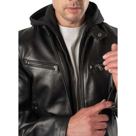 Blouson en cuir de mouton noir uni avec un col à capuche et une coupe droite - Image 5