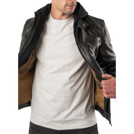 Blouson en cuir de mouton noir uni avec un col à capuche et une coupe droite - Image 6