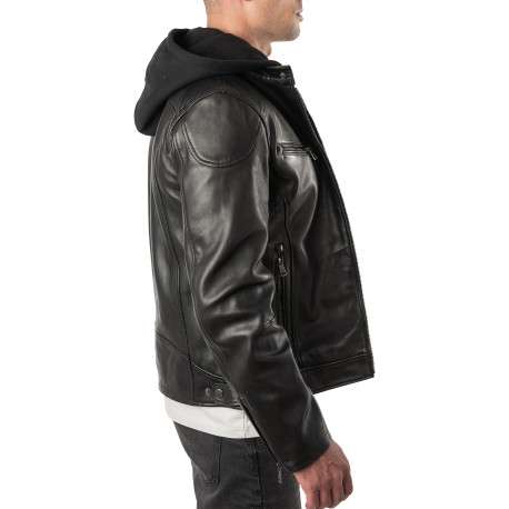 Blouson en cuir de mouton noir uni avec un col à capuche et une coupe droite - Image 7