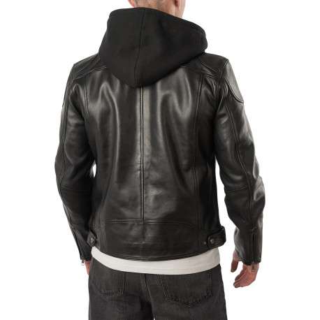 Blouson en cuir de mouton noir uni avec un col à capuche et une coupe droite - Image 8