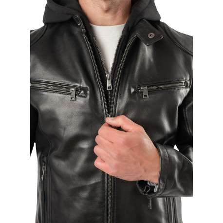 Blouson en cuir de mouton noir uni avec un col à capuche et une coupe droite - Image 9