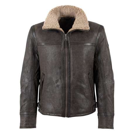 Bomber en cuir de mouton marron uni avec un col sherpa et 2 poches zippées