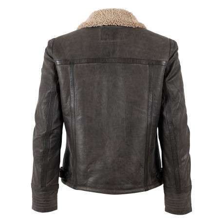 Bomber en cuir de mouton marron uni avec un col sherpa et 2 poches zippées - Image 2