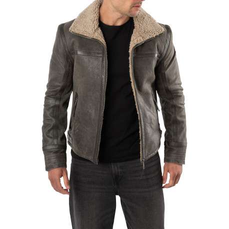 Bomber en cuir de mouton marron uni avec un col sherpa et 2 poches zippées - Image 3