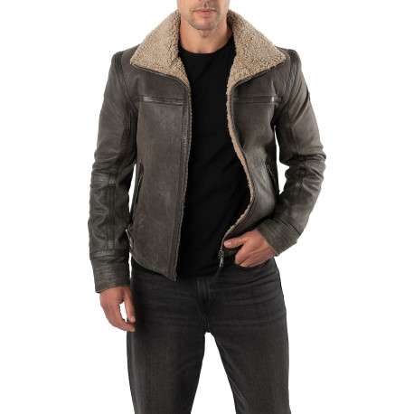 Bomber en cuir de mouton marron uni avec un col sherpa et 2 poches zippées - Image 4