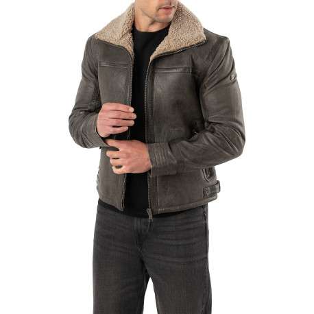 Bomber en cuir de mouton marron uni avec un col sherpa et 2 poches zippées - Image 5