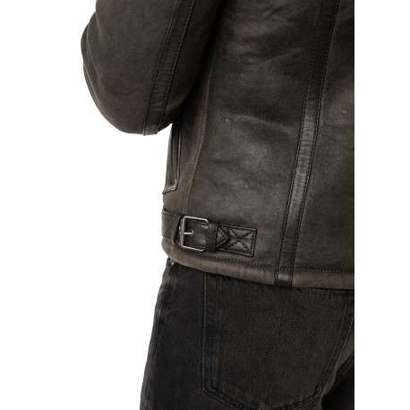 Bomber en cuir de mouton marron uni avec un col sherpa et 2 poches zippées - Image 6