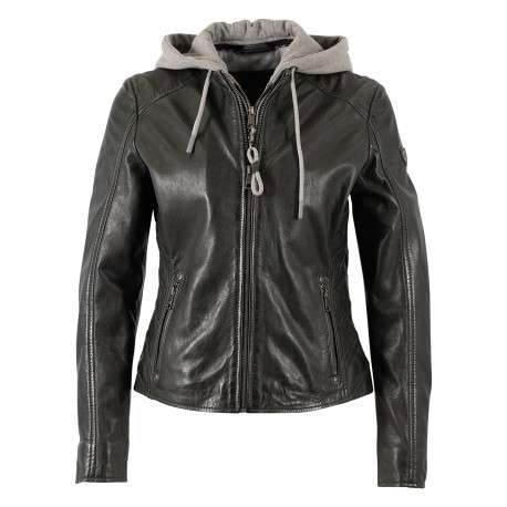 Blouson en cuir de mouton vert uni à coupe droite et double fermeture