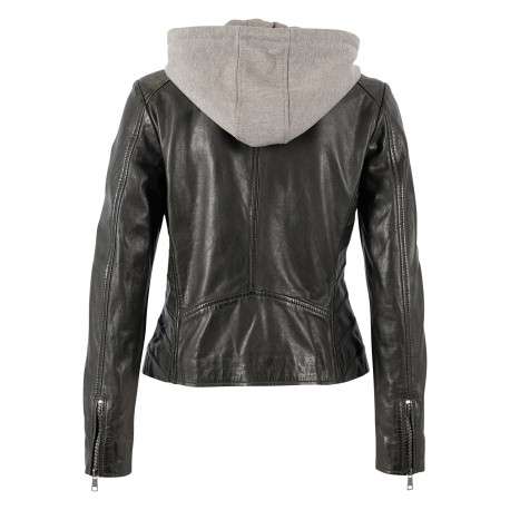 Blouson en cuir de mouton vert uni à coupe droite et double fermeture - Image 2