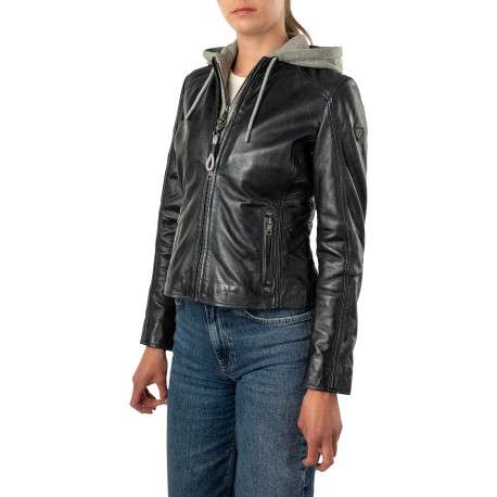 Blouson en cuir de mouton vert uni à coupe droite et double fermeture - Image 3