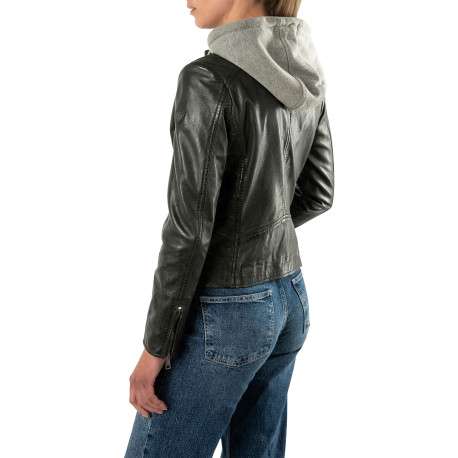 Blouson en cuir de mouton vert uni à coupe droite et double fermeture - Image 4