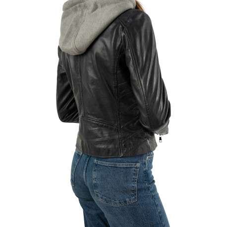 Blouson en cuir de mouton vert uni à coupe droite et double fermeture - Image 6