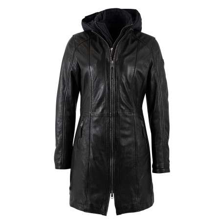 Parka en cuir de mouton noire unie avec une coupe droite et une capuche