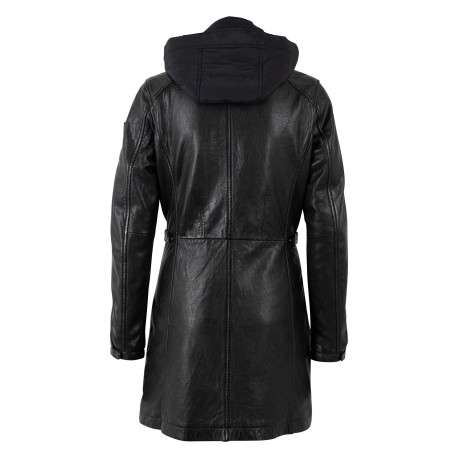 Parka en cuir de mouton noire unie avec une coupe droite et une capuche - Image 2