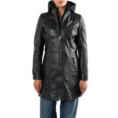 Parka en cuir de mouton noire unie avec une coupe droite et une capuche - Image 3