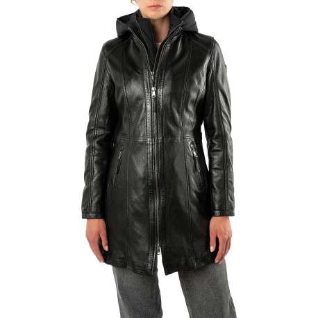 Parka en cuir de mouton noire unie avec une coupe droite et une capuche - Image 4