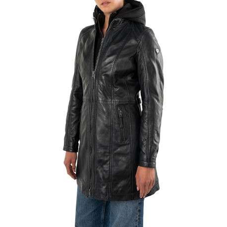 Parka en cuir de mouton noire unie avec une coupe droite et une capuche - Image 5