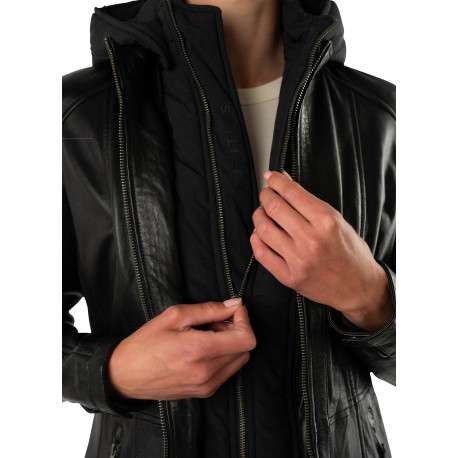 Parka en cuir de mouton noire unie avec une coupe droite et une capuche - Image 6