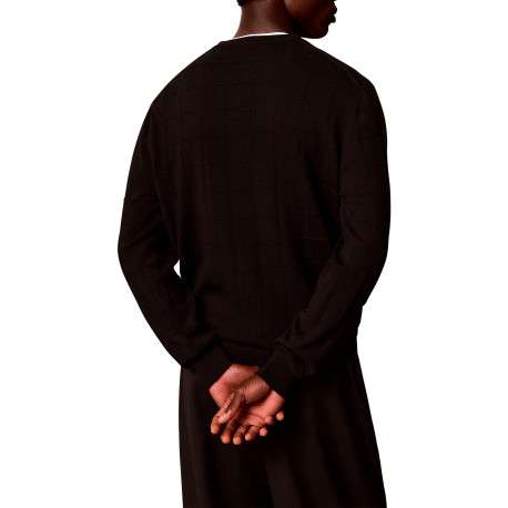 Pull noir en laine à coupe droite avec un col rond et un motif à carreaux - Image 2