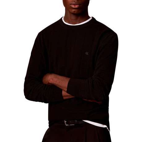 Pull noir en laine à coupe droite avec un col rond et un motif à carreaux - Image 3
