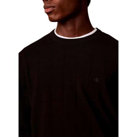 Pull noir en laine à coupe droite avec un col rond et un motif à carreaux - Image 4