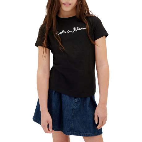 T-shirt en coton noir uni à coupe droite avec un col rond et un logo - Image 2