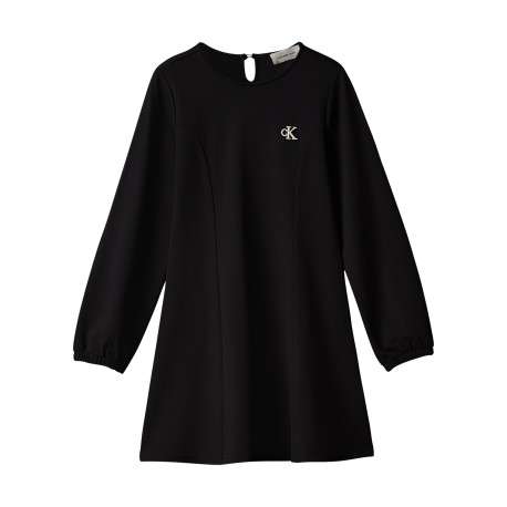 Robe courte noire unie avec coupe patineuse à col rond et à manches longues