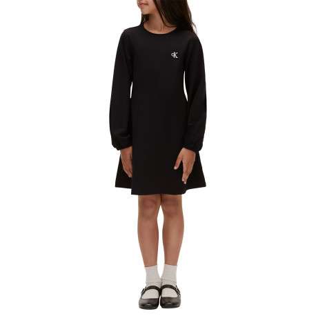 Robe courte noire unie avec coupe patineuse à col rond et à manches longues - Image 2